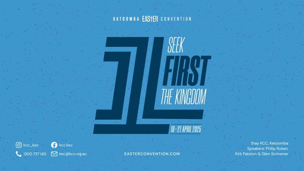 Katoomba Easter Convention logo with event details and dates in blue and white.